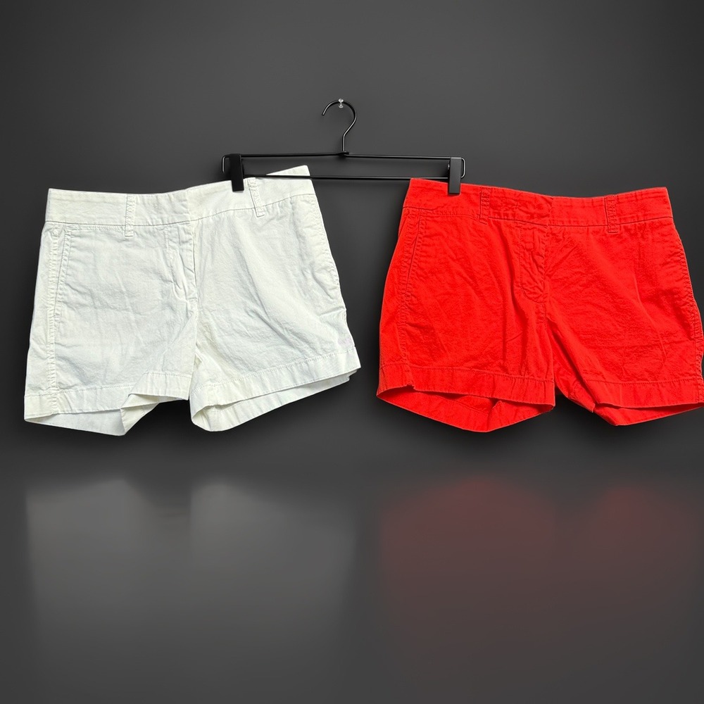 J Crew Chino Shorts Women 2 Red White 4" Preppy Coastal Stretch Lot of 2